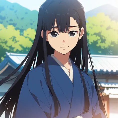 demon slayer anime, anime image, japanese, male, young , straight hair down, long hair, black hair, black eyes, smiling, wearing blue kimono, sunny day, japanese house