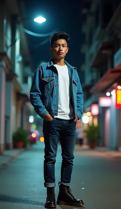 Malay Young man skinny,short hair, posing in the night Street "White shirt, blue denim jacket, and jeans, paired with Dr. Martens shoes."

