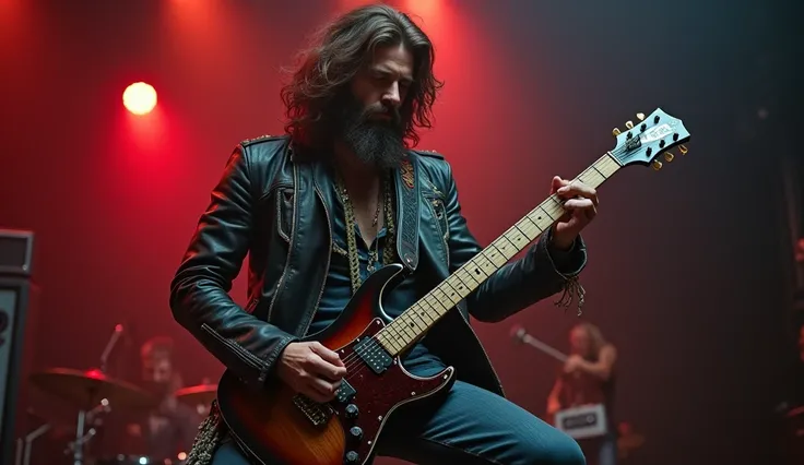 Long haired man , long beard,  80s rocker clothes, playing guitar,