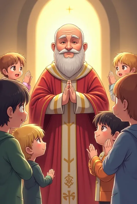 Cartoon image of Saint Thomas Aquinas surrounded by praying ren, chibi anime