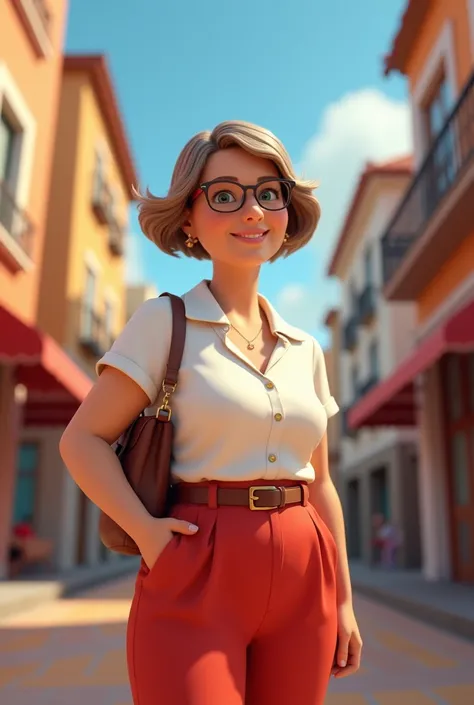  Disney-inspired 3D poster / Pixar capturing a scene with a 50-year-old lady with very light brown hair short Chanel style, gorda, Eyewear Half Youthful Appearance, In white blouse and red pants  