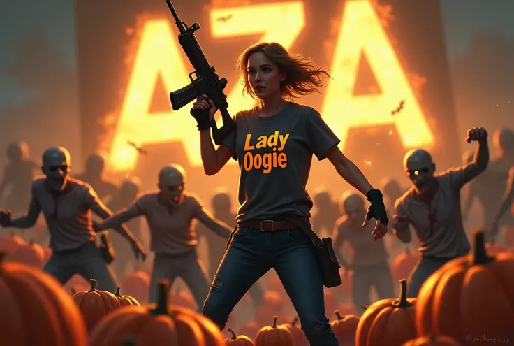 Une femme tirant sur des zombies avec son fusil, autour d’eux pleins de citrouilles d’Halloween. Sur son t-shirt est écrit « Lady Oogie » . Dans le ciel est écrit « AZA » en lettre doré 