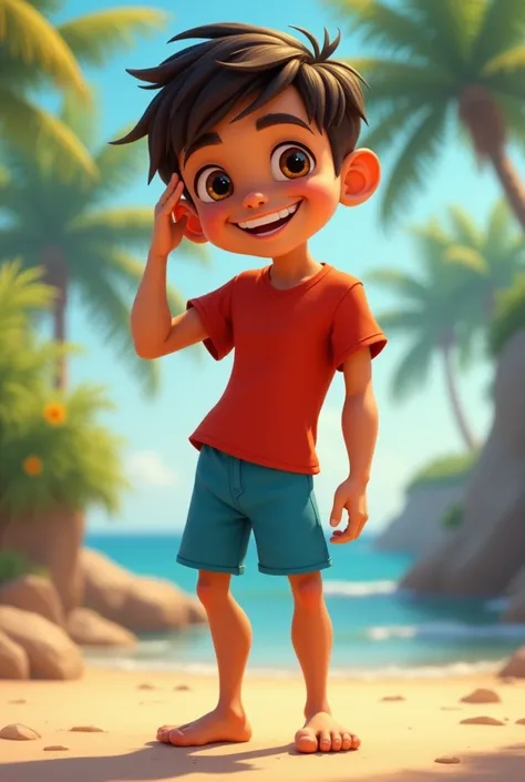 Personagem de Cartoon:
 boy, adult, high,  Short black hair ,  glowing brown eyes, brown skin.  red shirt, blue swimsuit . wide smile, standing with his hand on his forehead .