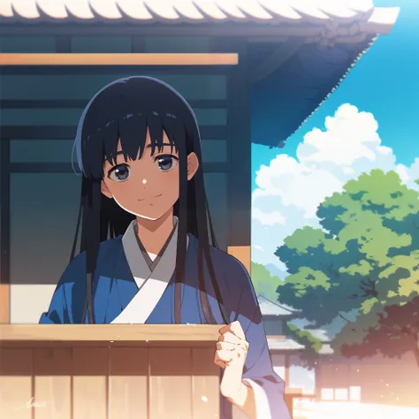 demon slayer anime, anime image, japanese, male, young , straight hair down, long hair, black hair, black eyes, smiling, wearing blue kimono, sunny day, japanese house