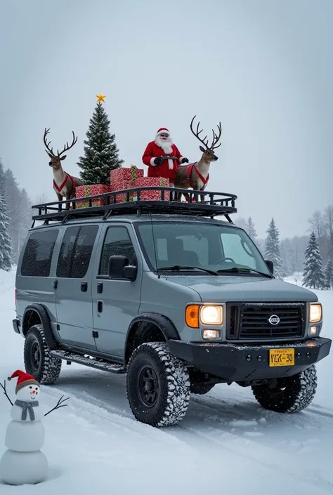  side image of Nissan Froniter gray 4x4 offroad van with the plate with Santas sleigh mount,  with a Christmas tree on the set , 3 reindeer next to ,  gifts packed around ,  with the sky falling snow  ,  1 snowman next to 