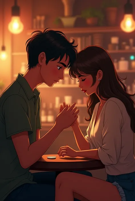  A young man with dark brown hair pointing to a ring on the hand of a young woman with brown hair and the young woman with a confused expression and the young man with a curious expression
The environment must be a cafe, NIGHT BAR.     THE BOY POINTS TO TH...