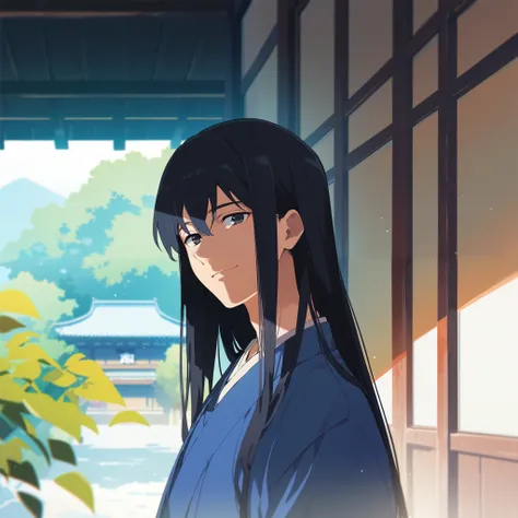 demon slayer anime, anime image, japanese, male, straight hair down, long hair, black hair, black eyes, smiling, wearing blue kimono, sunny day, japanese house