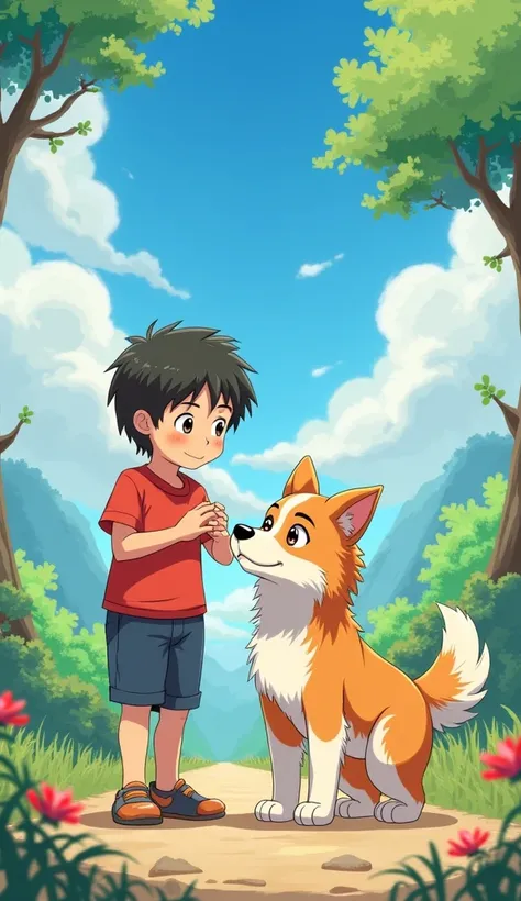 Create an image of a boy with a dog in anime style