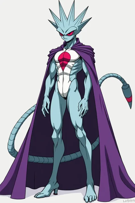 Draw in the style of Hazbin Hotel, a man of Frieza's race, with a face with fine features, tall, red iris, sky blue skin, with a white biosuit, his head has spikes that form a crown, muscular legs and large feet . with 3 fingers, elastic tail, wearing a purple cape, full body.