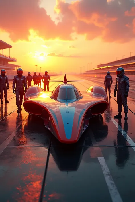  A futuristic aircraft inspired by Formula 1 cars ,  with an aerodynamic design and bright colors representing the F1 teams, like red, blue, and black.  The plane is on a modern takeoff runway under a vibrant sunset ,  with golden reflections on its metall...