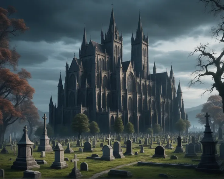  in the foreground is a large castle with a cemetery,  ecological gothic scene ,  3D rendering and oil painting , photorealistic dark concept art ,  Highly realistic concept art ,  3d matte painting rendering , gothic church background ,  highly detailed m...