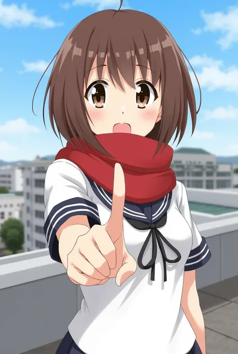 Brown Hair　 short hair　 pretty girl winking　 female middle school student　school rooftop background　anime　Japan　 brown eyes　smile　 pointing her finger directly in front of her 　 standing　 white sailor suit　whole body　Thick red scarf 