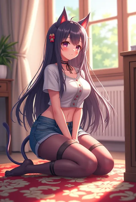 masterpiece, best quality, Official Art , Extremely Detailed CG Unity 8K Wallpaper, girl, cute的girl, Yuri, cute发饰,  shorts,  cropped top below , pantyhose, ribbon_ Choker Necklace , Leg strap,cat ears tail，Second dimension animation，Colored eyes（big，cute），...