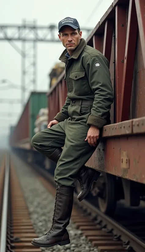 raota on the railway, a DS employee, a train compiler rides a gondola car on the footrest on the left, Russian Railways overalls
