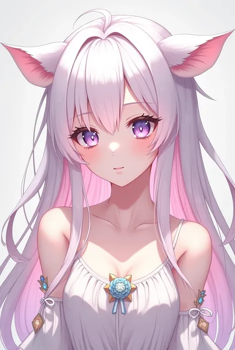  white and light pink hair. Put on .  anime girl .  hand drawn and , Eyes are light purple . Im  ,  hair is long,  cute face , Im wearing pins ,  My skin is white like white jade .