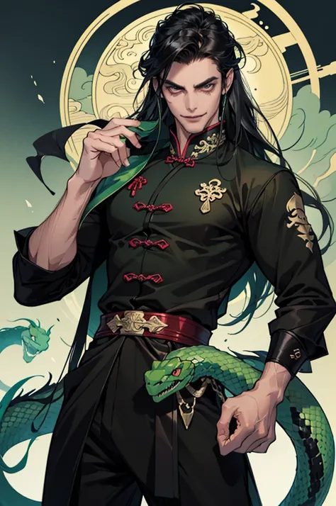 1boy, solo, hot man, sexy man, handsome man, black hair, long straight smooth hair, fangs, colorful eyes, green, color qing, smooth, beautiful face, smile, evil, villain, big snake, Ancient China, (Mysterious Black Mist), Lighting, (Abyss), High Quality, H...