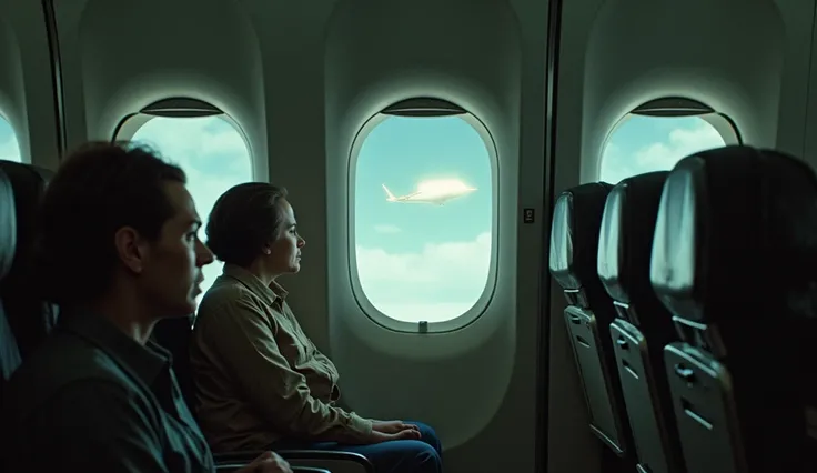  A view from the perspective of one of the passengers of the plane . Through the window,  you can see bright white light approaching the plane . The object seems to float in the air ,  emitting a faint glow that partially illuminates the wings of the plane...