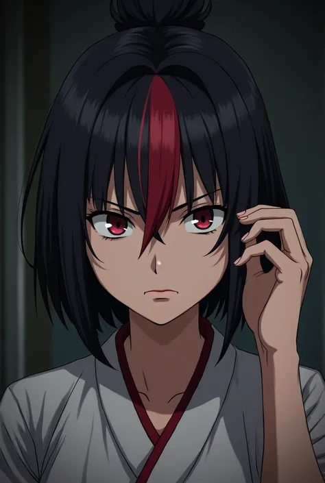 An anime version of a woman, she has a frowning face, Her hair is short but in a samurai bun, and in the front of that hair there is a red streak, and she has one of her hands running over the side of her hair. The background of the image has to be a darke...