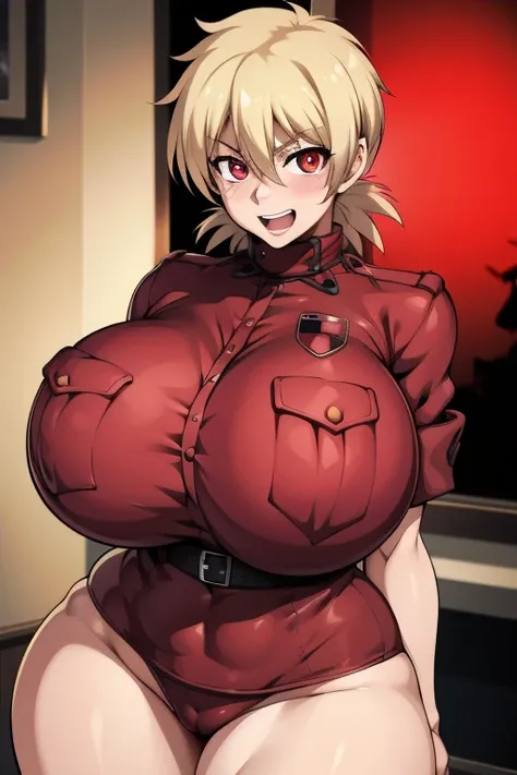 High resolution, Hellsing Ultimate art style, Seras Victoria, 1girl, ((bimbo))), short blond hair, red eyes, puffy lips, thick lips, wide hips, thick thighs, enormous round fake breast, huge ass, cute smile face, open mouth, shy, girlfriend, blushing, tigh...