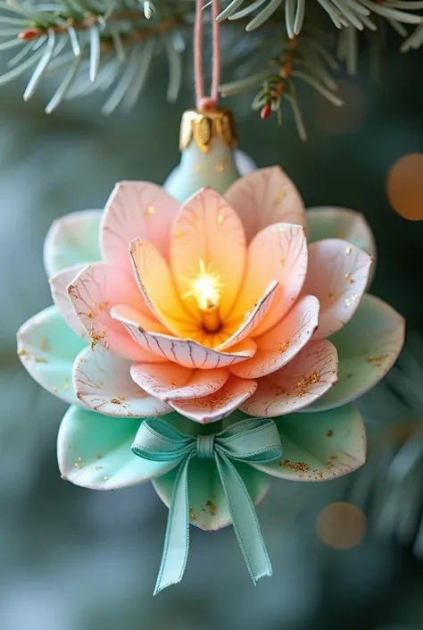 Design a Christmas tree ornament in the shape of a Vitória-Régia flower, featuring a soft aqua green and baby pink color palette for a delicate and magical aesthetic. The ornament is crafted with layered petals that transition from a subtle aqua green at t...