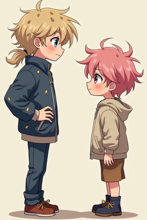 Two boys, One with Urro Mullet , seeds, therefore,  blue eyes and pale skin and the other,  with short and wavy pink hair and voluminous, e olhos therefores,  in manga style 