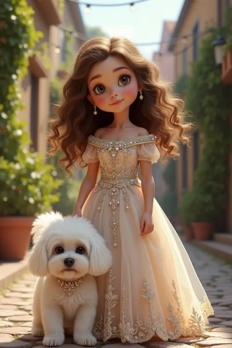 A beautiful girl of about ten years old with beautiful curly brown hair with a beautiful and jeweled dress and her white bichon in a beautiful city alley. Realistic 3d 