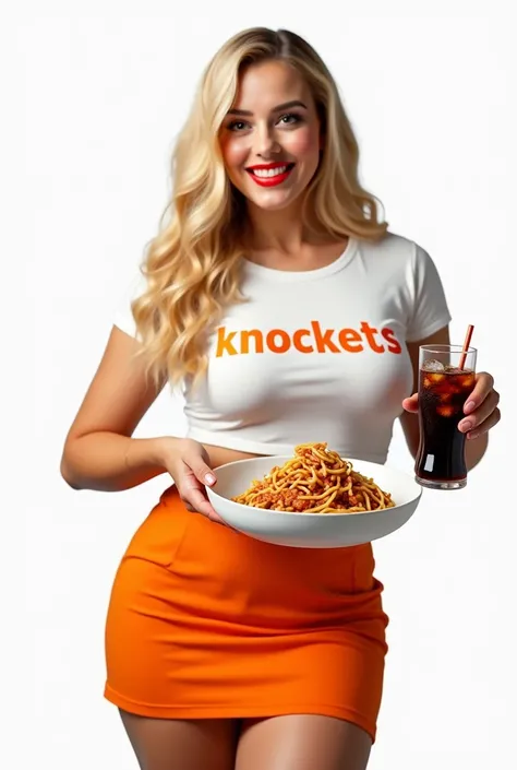 Huge Busty beautiful blonde smiling woman wearing red lipstick and white tight crop with the word KnocKers (spelt KnOOckets) printed on it in orange and orange mini skirt serving spaghetti bolognese and coke with ice white background