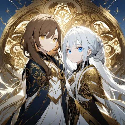 two girls.  first girl with blue eyes and white hair .   The second girl with brown hair and gold eyes. They stand against each other  .One has a dagger in her hand 