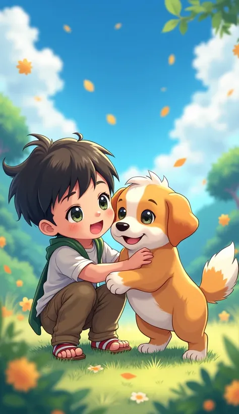 Create an image of a boy with a dog in anime style