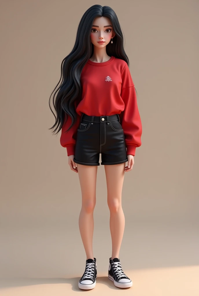 64 kilo tall woman with long black hair white skin dark brown eyes shorts short black short blouse red casual sneakers black color Christmas heart 3d