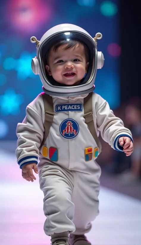 "A joyful baby boy dressed as a tiny astronaut, wearing a cute spacesuit complete with a helmet and a shiny patch of a spaceship on his chest. He confidently walks down the runway, his helmet reflecting the colorful lights around him. The background is fil...