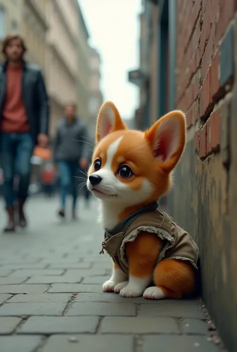 An adorable Corgi puppy realist sitting quietly on the sidewalk, dressed in a shabby, ripped outfit. Its short legs tucked beneath it, the puppy leans against a wall with a sad expression. People bustle by in the background, oblivious to the lonely little ...