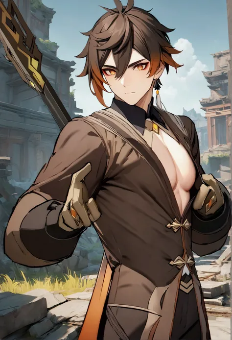 (Best Quality, 8k, Masterpiece :1.3), handsome young man with perfect figure and long hair :1.4, Zhong Li, Zhongli, Dark brown hair, inflated chest, genshin impact, on ruins, in the hands of a spear, Very detailed face and skin, Detailed eyes, Double eyeli...