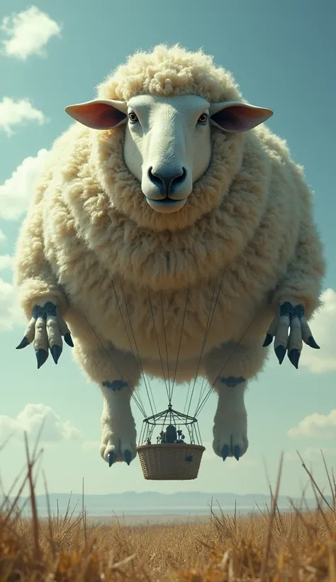 A large, intimidating sheep-hot air balloon hybrid, hyperrealistic, highly detailed, 8k, 9:16 aspect ratio, muscular and imposing