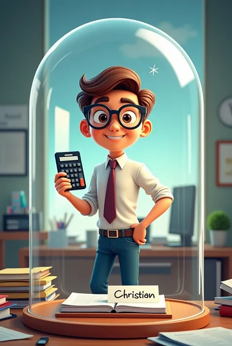  A young accountant in a very realistic cartoon style holds a calculator in his hand ,  and behind him there is an office with accountant things and on the desk there is a plate with the name of Christian with a futuristic design.   This scene can be inter...