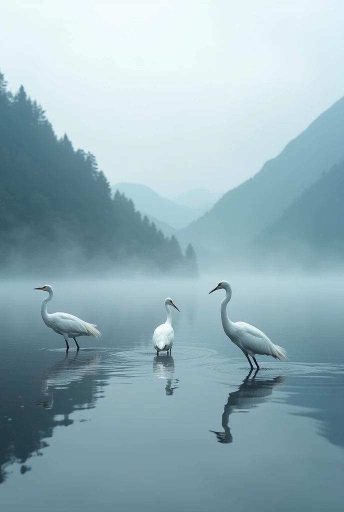 Distant peaks loom，Surrounded by light fog， It seems like a mysterious wonderland 。 A few egrets are playing by the lake ， They are rocking their long necks gracefully in the water，It looks like theyre dancing 