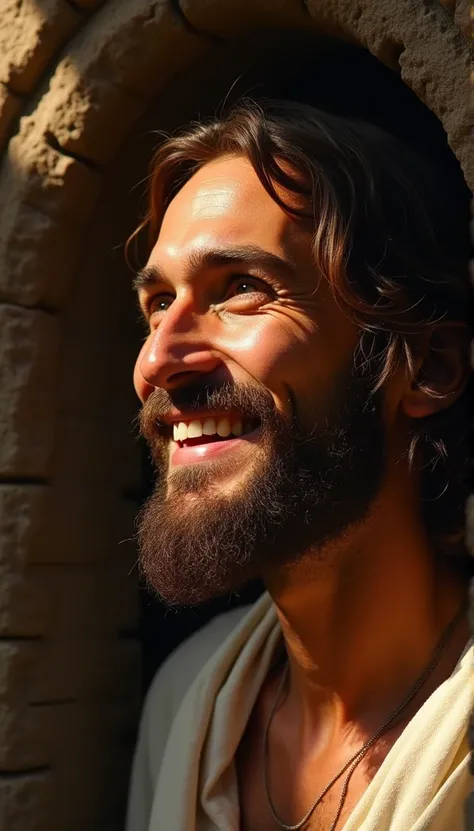 a face of Jesus Christ he is staring passionately ahead, handsome man, a hand caressing his smiling face,happy face, he is inside a cave , a sunbeam hits his face ,beautiful price,paint,paint linda, Hyper-Realism ,  lens reflection , 