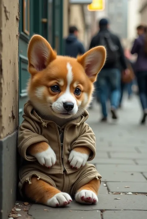 An adorable Corgi puppy hyper realist sitting quietly on the sidewalk, dressed in a shabby, ripped outfit. Its short legs tucked beneath it, the puppy leans against a wall with a sad expression. People bustle by in the background, oblivious to the lonely l...