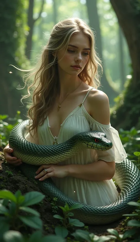 Generate a beautiful girl with snake in forest