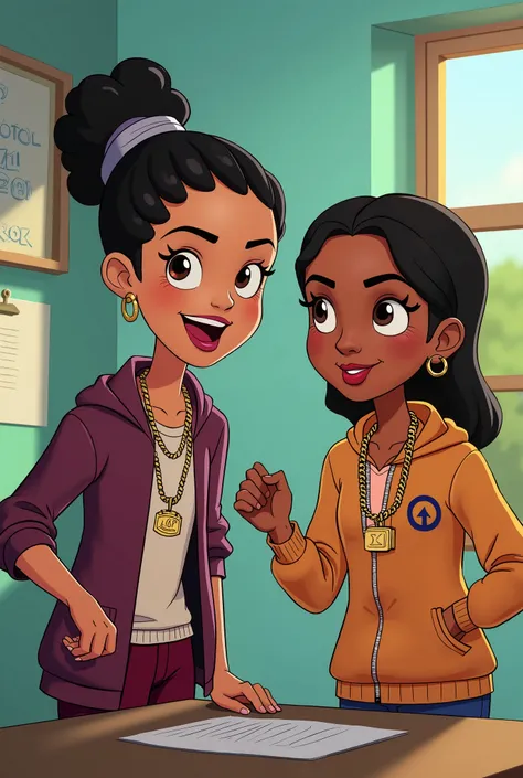 a modern Disney-style picture, in a wholesome and funny way, of "owl house" (the Disney series) characters "Luz Noceda" dressed as a "dominicans dont play" rapper (clothes, necklace colors, etc) and the owl house character Amity Blight dressed as a rapper ...