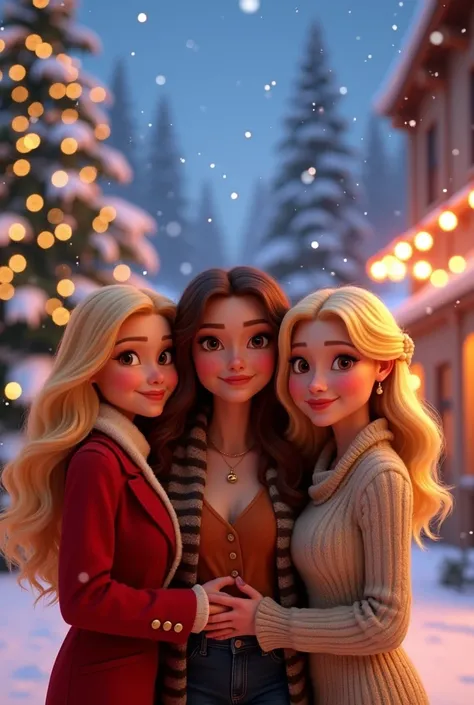 Three Disney Pixar women cartoon Christmas-themed characters two are blondes and one is a brunette