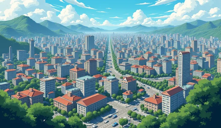  high quality ,  8k Ultra HD, cartoon with traces of an animation , a landscape for an animation ,  a city seen from above with lines of buildings during the day,