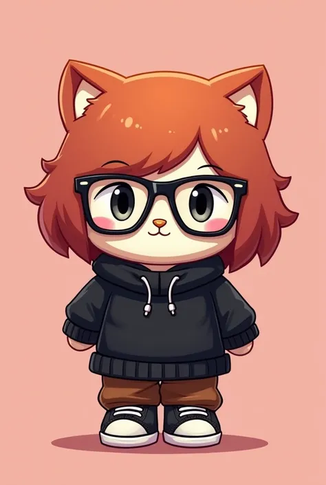  A drawing of Hello Kitty with reddish hair and glasses, wearing a black sweater and brown pants and sneakers , The background that is pink 