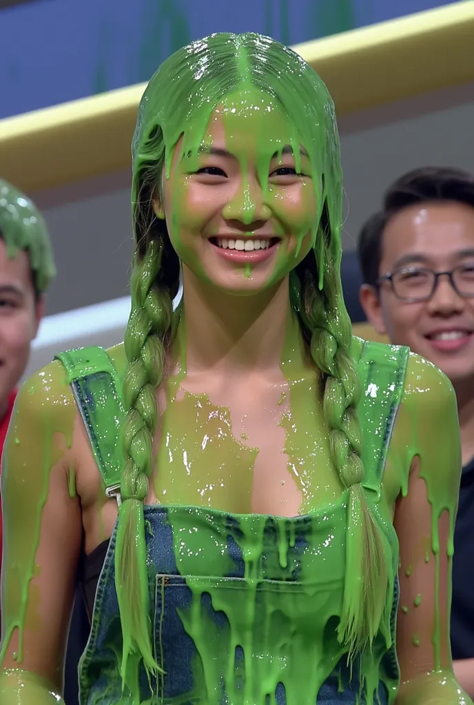 Portrait photograph of Asian woman covered in green slime. hyper-realistic style. 8k. Photorealistic. Glistening slime. Green slime. Dripping slime. Raw photo. Asian Instagram influencer. Asian model. Asian. (Asian girl: 1.1). F/1.4 aperture. 35mm. Denim o...