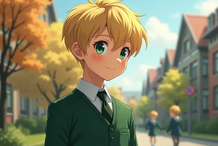 A  blond boy with blond hair , thin nose,  green eyes,  smiling in a green private school uniform ,  in the background you can see the private school where he studies and other ren playing real person realystic style real boy