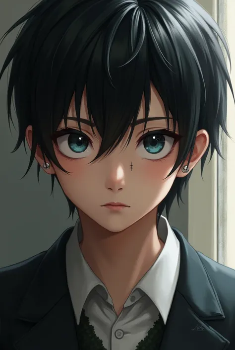 boy,  black hair,  blue eyes, a noticeable scar on the eyebrow