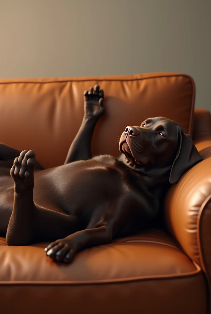 Chocolate Labrador in a brown leather couch sleeping on his back with his paws in the air 