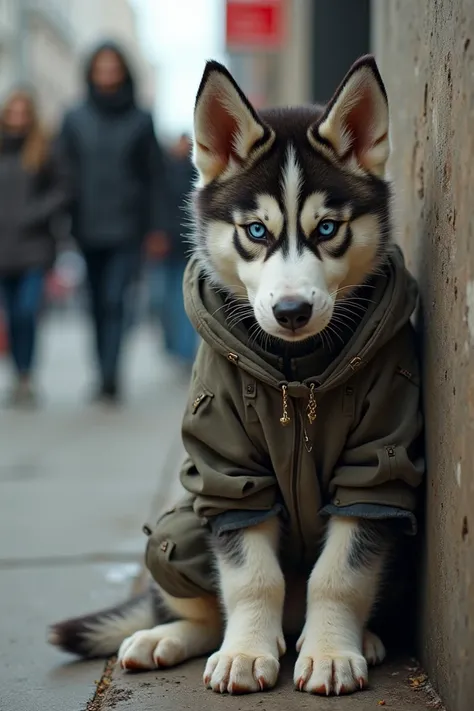 A beautiful Siberian Husky hyper realist puppy sitting on the sidewalk, its striking blue eyes looking out sadly from beneath a torn and dirty outfit. The puppy leans against a wall, appearing out of place amidst the bustling crowd that passes by without n...