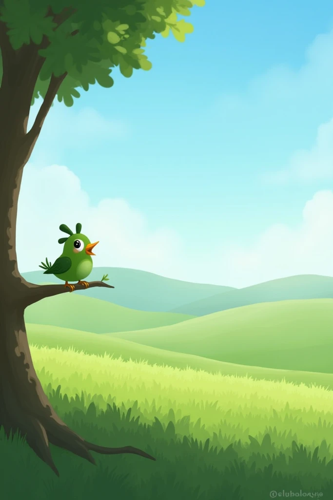 Meadow with tree
greenish bird with a small belly
he is talking 
He has 5 feathers on his head