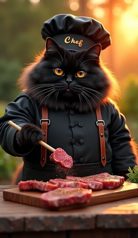     Fluffy Siberian black cat   , thick, with a big belly,   cat cooks   , stands on its hind legs,    in a black chefs hat and chefs jacket   ,   with brown leather braces and gold-embroidered “chef” lettering  ,    on a wooden kitchen board  ,   — well-f...